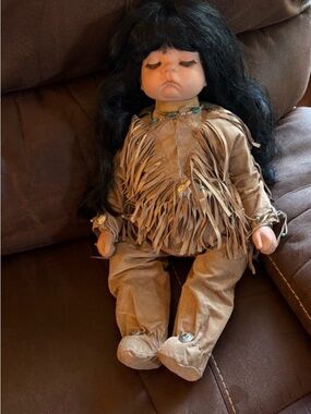 Vintage Sweet Sleeping Indian Baby Doll in Faux Leather Fringed One Piece Outfit
